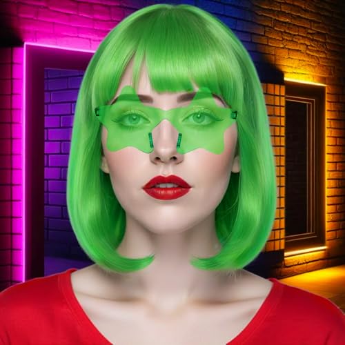Image of ANOGOL Green Bob Wig with Bangs Green Wigs for Women Colored Wigs Party | Hair Cap+ Sunglasses Short Neon Wig for Bachelorette Party Funny Outfit for Women Halloween Christmas Costume St Patrick Day