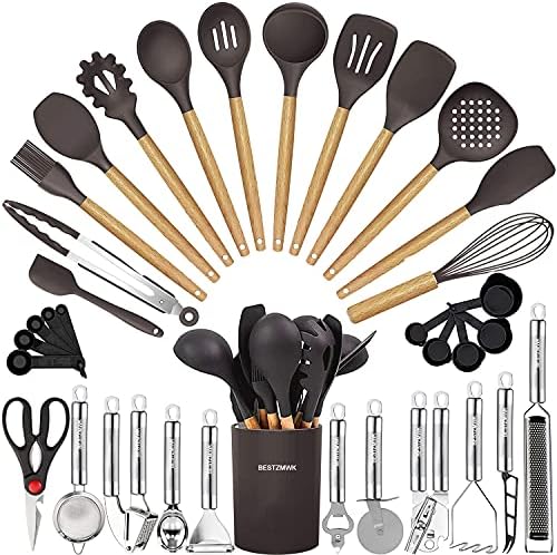Cooking Utensils Set- 35 PCs Kitchen Utensils with Grater,Tongs, Spoon Spatula &Turner Made of Heat Resistant Food Grade Silicone and Wooden Handles Kitchen Gadgets Tools Set for Nonstick Cookware
