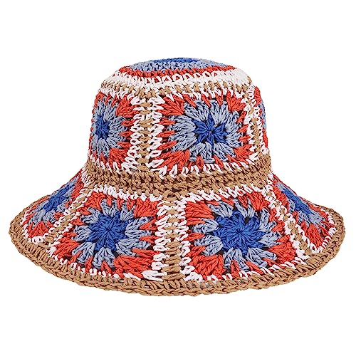 Multicolor Floral Crochet Straw Sun Hat Foldable Packable Wide Brim Bucket Hat Summer Beach Hat for Women (US, Alpha, One Size, Red)