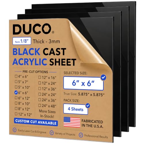 Duco 1/8" Black Cast Acrylic Sheets, 6"x6" Plexiglass Sheets, 4 Pack