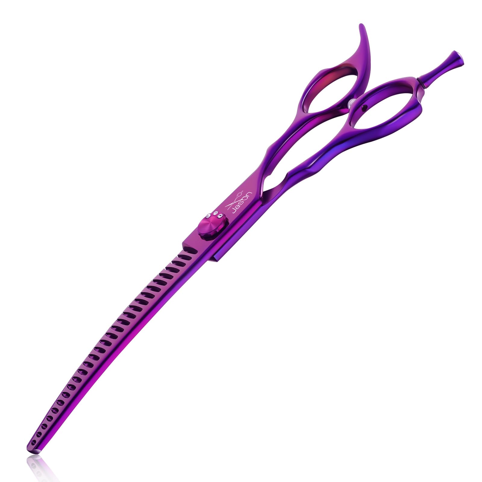 JASON 7" Ergonomic Curved Dog Scissors - Purple 440C Stainless Steel Grooming Scissors (28-Teeth, Down-Curved)