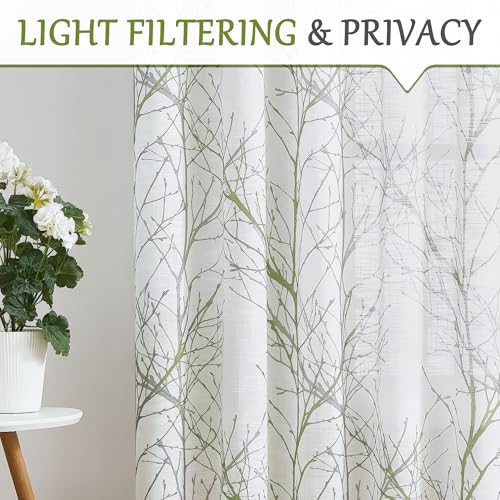 Image of FMFUNCTEX Sidelight Sheer French Door Curtains 72 Inches Long White, Green and Grey Print Branch Semi-Sheer Door Panels for Front Patio Door 24 Inches Wide 2 Panels Set
