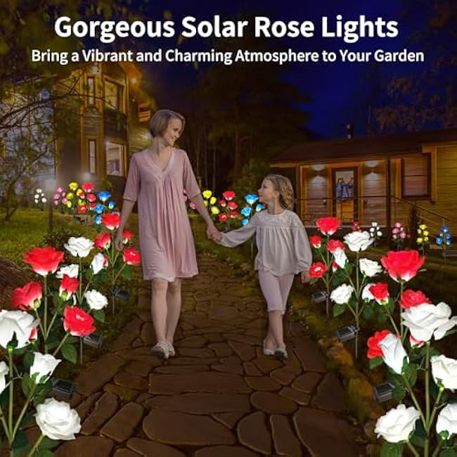 Solar Lights Outdoor Garden Decorative 4 Pack, Waterproof Solar Flower Lights with 20 Realistic Rose for Patio, Back Yard, Flower Bed, Pathway, Patio, Porch, White and Red