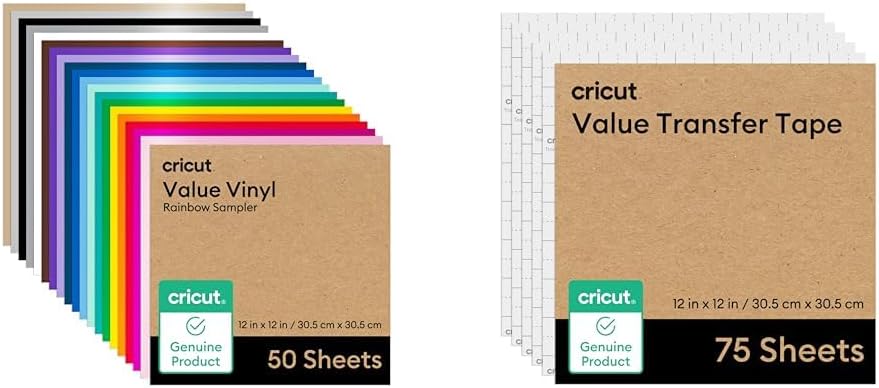 Cricut Value Permanent Vinyl - 50-sheet Rainbow Sampler, (12in x 12in) + Cricut Value Transfer Tape 75-Sheets (12in x 12in)
