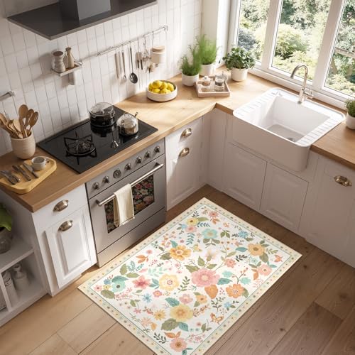Floral 2x3 Area Rug Machine Washable Soft Print Boho Carpet Non Slip Doormat Low Pile Flower Area Rugs for Living Room Bedroom Nursery Kitchen Dining Room Indoor-Beige/White/Orange