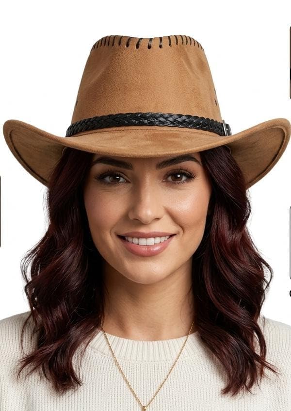 Image of Western Cowboy Hat for Men & Women | Classic Western Style Hat with Braided Band | Lightweight & Comfortable | Outdoor, Party & Travel Wear | Tan