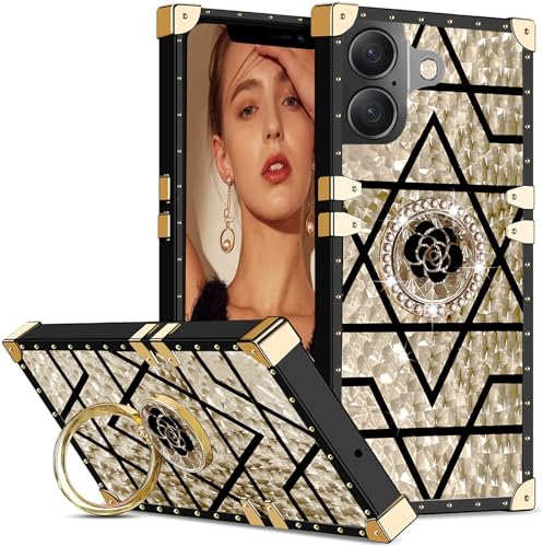 Ysnzaq Square Funda para Apple iPhone 16 Plus, Suave TPU Lujo Elegante Metal Decoration Niñas Mujeres con Soporte Antigolpes Protectora Carcasa para iPhone 16 Plus/Apple 16 Plus.BF Square Gold