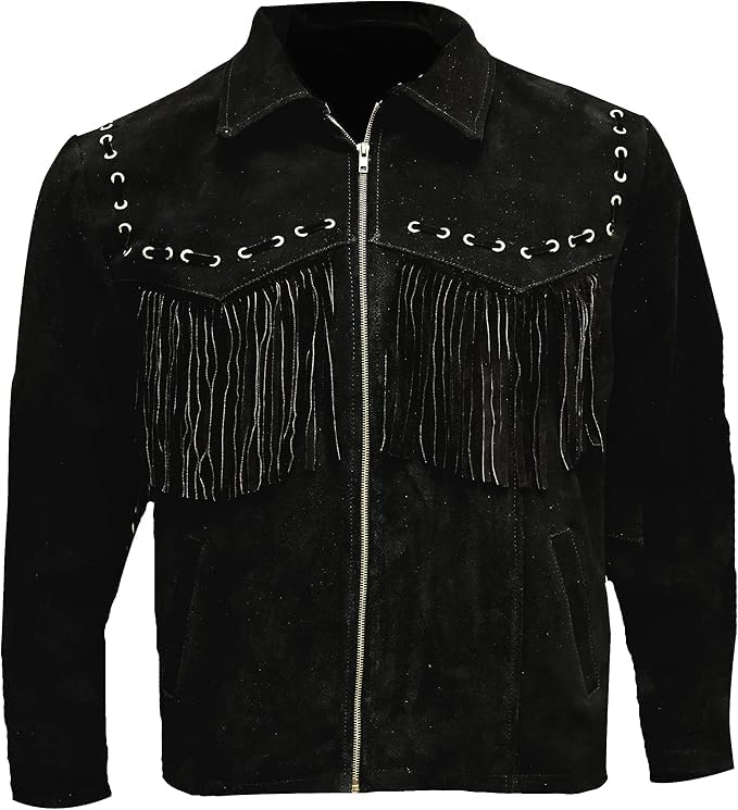 Image of Men's Western Suede Fringe Jacket - Cowboy Style Genuine Leather Coat - Native American Tassel Design