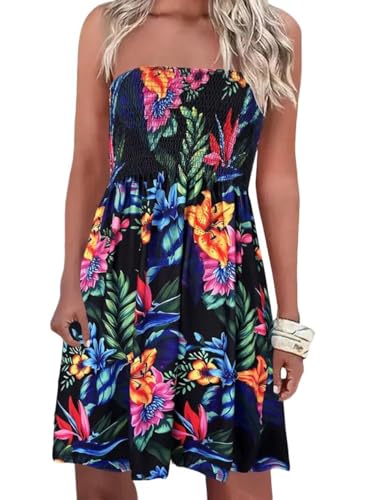 Summer Sexy Smocked Strapless Bandeau Dress for Women Beach Boho Strapless Cover Ups Off Shoulder Floral Sundresses