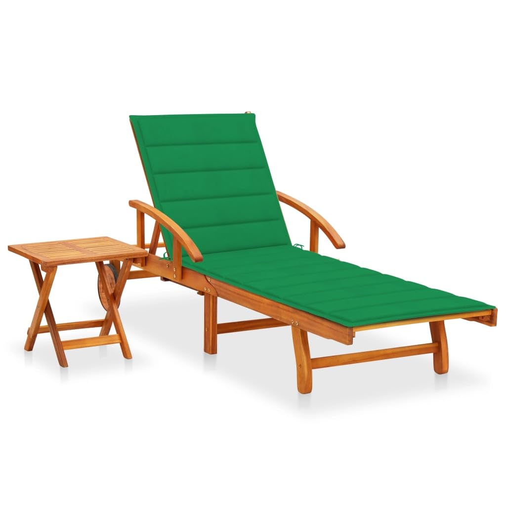 Sonnenliege aus Holz, klappbar, Liegestuhl für den Außenbereich, Gartenliege, Holz, mit Rollen und Kissen aus massivem Akazienholz, grün, 1 Sonnenliege mit Tisch