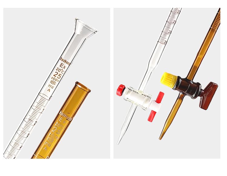 Klasse A Glasbürette mit PTFE-Hahn - Borosilikat 3.3 graduiert für Labortitration, säure- und laugenbeständig, 10ml 25ml 50ml 100ml(White PTFE alkaline/cidic 50ml)