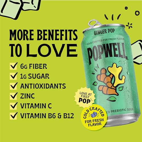 Image of Popwell Ginger Pop Better-For-You Prebiotic Soda, with 6g Fiber, 1g Sugar, Vitamins and Immunity Support, 12 fl oz Cans (pack of 12)