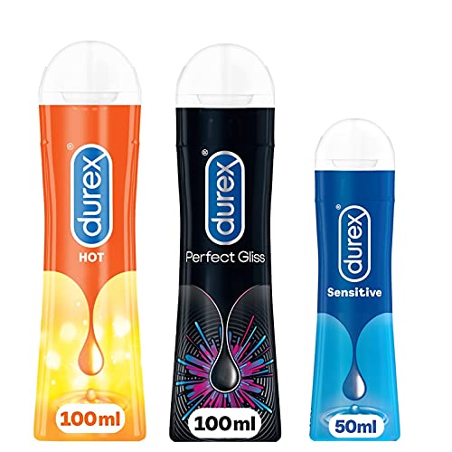 Durex - Lot de 3 Lubrifiants Intimes: Hot Chauffant Stimulant 100ml, Perfect Gliss Usage Anal 100ml, Sensitive 50ml