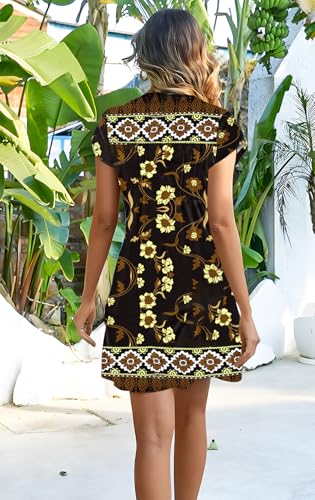Image of Disamer Womens Casual Dresses Short Sleeve Summer Dresses 2026 Boho Floral Beach Sundresses Spring A-Line Dress with Pockets,Floral Yellow,X-Large