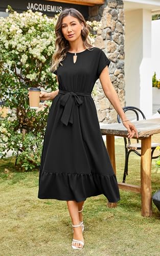 Image of ECOWISH Womens Casual Midi Dresses Solid V Neck Short Sleeve Button Shirt Belted Dress with Pockets for Spring Summer 2026