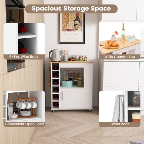 COSTWAY Kitchen Storage Trolley on Wheels, Rolling Kitchen Island with Cabinet, Open Shelf, 6 Wine Holders, Bamboo Worktop, 3 Spice Racks & Towel Rack, Utility Storage Cart for Dining Room (White) - Image 2