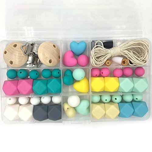 Coskiss Baby Teether Juguetes Brillantes Colores Silicona Dentición Kit Geométrico Hexágono De Silicona Anillos De Madera Teething Beads DIY Collar De Enfermería (Color mezclado)