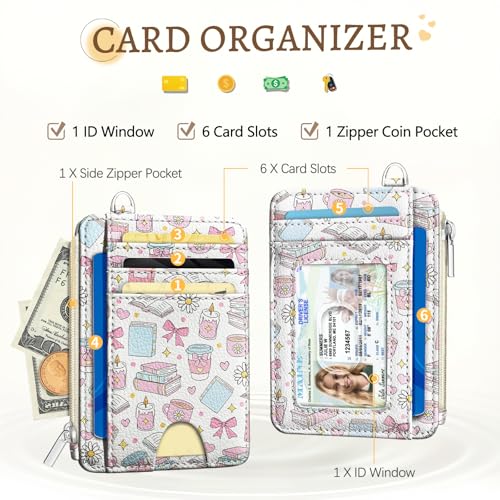 Image of Kelvoris Cute Book Coffee Bow Credit Card Holder Small Wallet Women, Slim RFID Blocking Wallet Woman Keychain with Zipper Coin Pocket, Front Pocket Thin Travel Card Case with ID Window Ladies Gifts