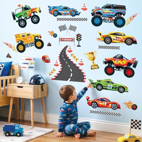 DECOWALL Stickers Muraux Voitures de Course – Autocollants Muraux Circuit et Routes avec Monster Trucks pour Chambre de Garçon et Salle de Jeux (DS9-8083)