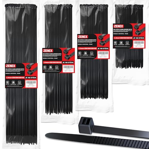ZENIX Profi-Kabelbinder Set 400 Stück 200/300/350/450mm (je 100 Stück)| UV-beständig bis +85C | 28Kg Zugfestigkeit | Für Innen- & Außenbereich