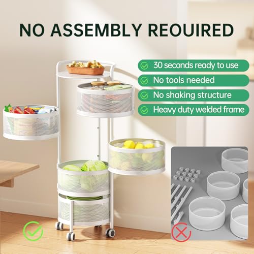 Image of JAQ No Assembly 5-Tier Kitchen Storage Cart with Wheels, Rotating Produce Organizer for Onion, Potato & Vegetable Storage, Large Capacity Pantry Rack, White
