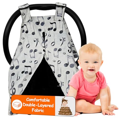 Image of Dear Baby Gear - 40x30 Car Seat Canopy, Infant Carrier Cover for Boys & Girls, Cozy Fall, Nursing & Stroller Use, Newborn Travel Sunshade, Watercolor Music Notes, Black Minky Dot