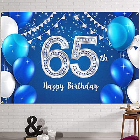 HAMIGAR 6x4ft Happy 65th Birthday Banner Backdrop - 65 Years Old Birthday Decorations Party Supplies for Women Men - Blue Silver Cover