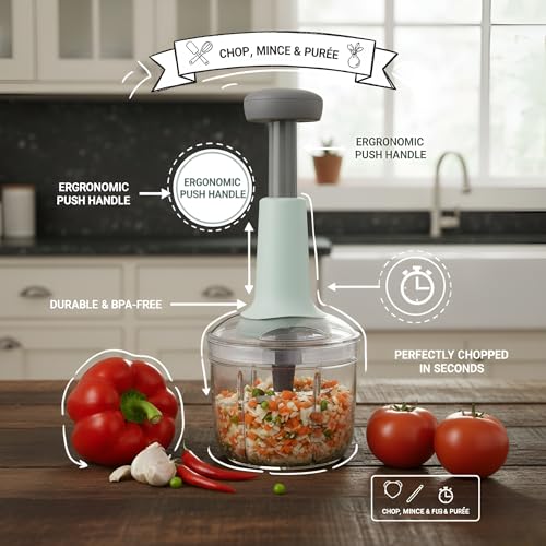 Image of KiR Premium 1000 ML Kitchen Chopper for Vegetables & Fruits | Manual Onion Cutter | Multipurpose Food Dicer Mincer for Veggies Garlic Tomato Potato Ginger Fruits Herbs etc. | BPA-Free Safe Container