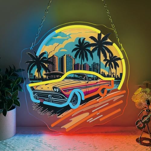 Image of Sports Car Neon Signs for Wall Decor,Racing Car LED Signs for Bedroom,Cool UV Print Hawaiian Style Neon Sign for Boys And Girls Room,Sunset Lamp Man Cave Garage Gaming Lights Game Room Decor