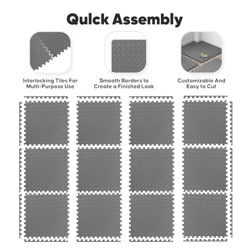 Image of 32 Pack Home Gym Mat, Puzzle Exercise Mat, 1of EVA Interlocking Foam Floor Tiles for Home Workout Equipment and Kids' Play Areas - Grey, 24 in x 24 in x in - 32 Tiles (Grey, 32 Pack 128 sq ft)