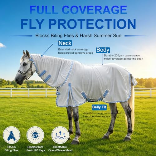 Image of Horse Fly Sheet with Detachable Neck, Maximum Airflow Breathable Open Weave Mesh for Hot Weather, Anti-Rub Comfort, 65% UV Protection, Cool Summer Sheet for Pasture & Barn Silvergrey 72