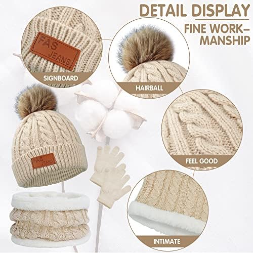beifon Kids Winter Warm Beanie Hat Scarf Gloves Set Thermal Knit Crochet Thick Fluffy Toddler Cap Pom Pom Bobble Hat with Faux Fur for Girls Boys Children Aged 3-8