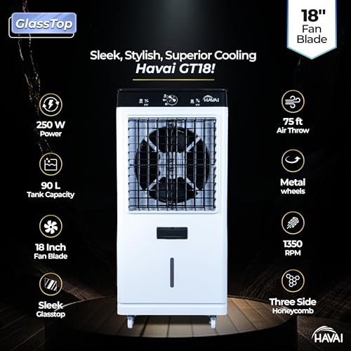 Image of HAVAI Premium Glass Top GT 18 Air Cooler | 90L Tank Capacity | 18 inch Fan Blade | 250W Power | 75ft Air Throw | 3-Side Honeycomb Cooling | Sleek Glass Top Design | 4 Castor Wheels