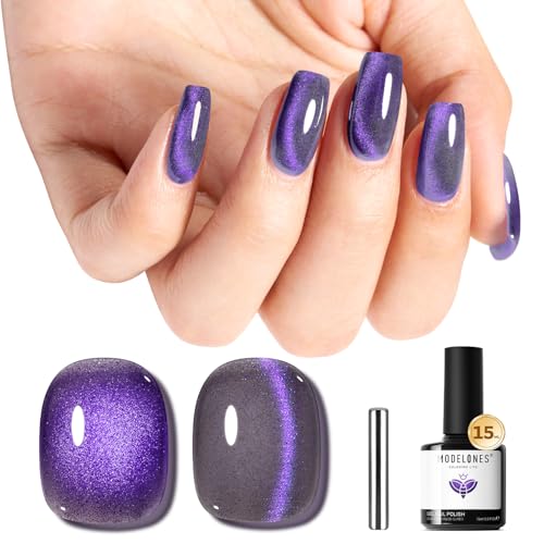 Image of modelones Purple Cat Eye Gel Nail Polish Grey Purple Shimmer 9D Magnetic Cateye Gel Nail Polish UV LED Soak Off Nail Manicure 15ML