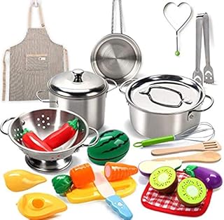 CUTE STONE Kids Pretend Play Kitchen Toys with Stainless Steel Cookware, Play Cooking Set,Toy Pots Pans set with Cooking Utensils,Apron, Cutting Play Food, Play Accessoirs Toys for Kids Toddlers Girls Boys