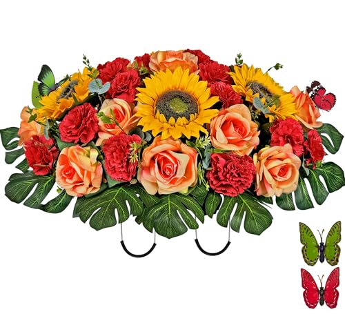 Artificial Cemetery Flower for Grave, Silk Headstone Flower Saddle for Tombstone Decoration - Sunflower Rose and Carnation,Easy Fit and Colorfast image 4
