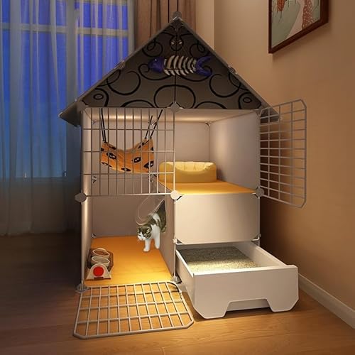 猫ケージ、トイレ付き猫ケージ、室内猫フェンス、三角屋根付き、金属製猫ハウス、広い運動エリア(ホワイト) (75*49*109cm,グレー)