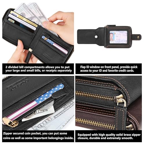 Airtag Wallets For Men With Zipper RFID Blocking Leather Bifold Mens Wallet - Big Capacity Credit Card Travel Wallet - Flap ID Window Zip Coin Pocket (Black)4