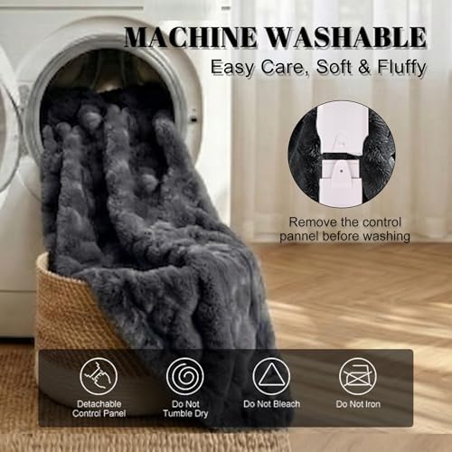 Image of IUUI Electric Heated Blanket Throw 50''x60'',Luxury Faux Rabbit Fur Heating Throw Blankets,Fast Heating with 1 /2 /4 /6 /8 /10 Hours,Overheat Protection, Quick Heating, Memory Function, Gifts for Women