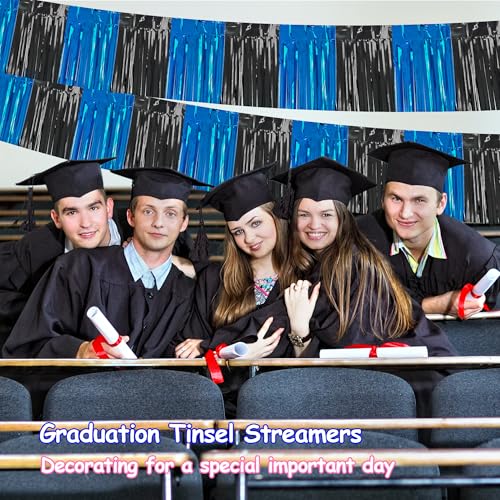 Image of 4 Packs Total 39 Ft Graduation Parade Floats for Trailer Car, Black Royal Blue Foil Fringe Garland Tinsel Streamers Banner Table Skirts for Graduation Homecoming Birthday Party(Black Blue)