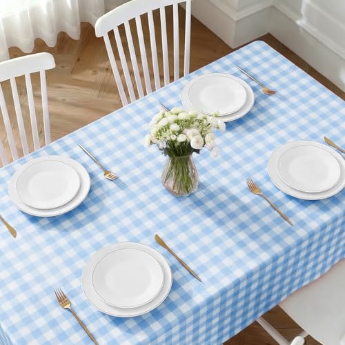Image of Oigco Light Blue Gingham Tablecloth - 54 x 108 Inches, Rectangle Disposable Light Blue Checkered Tablecloth, Picnic Table Covers for Dining /Camping /Picnic /Outdoor