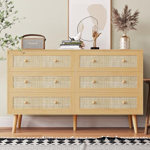 Image of HUANLEGO Rattan Dresser for Bedroom, Modern 6 Drawer Dressers & Chest of Drawers, Natural Boho Dresser with Handles Wood Storage Organizer Modern Dressers for Closet, Hallway, Office