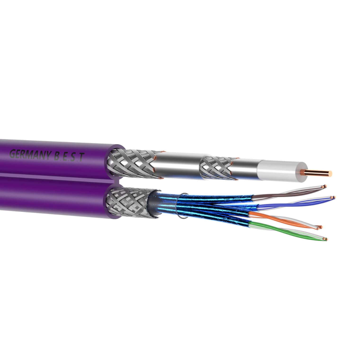 Germany B.e.s.t Cat7 LAN Netzwerkkabel + Sat Kabel Hybridkabel 50M 10 Gbit/s –& Koaxialkabel 4-fach Abschirmung – für Streaming, Online-Gaming, Kamerasysteme, Satellitenempfang – Flexibel, Robust