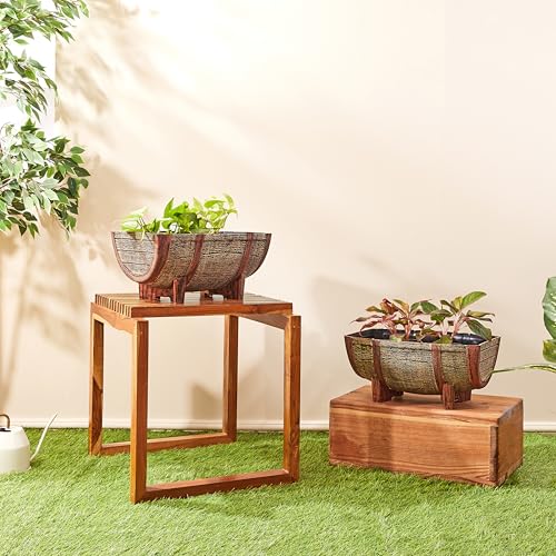 Image of Amazon Brand- Solimo Indoor and Outdoor Rectangular 16 Inch Half Barrel Flower Planter Pot Best for Terrace /Balcony /Home /Office Decor - Set of 2