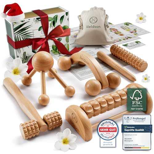HELDSON® Premium Massage Set Holz [6 Teile] FSC®100% - Diverse Massagegeräte & Massage Roller - Fußmassage, Kopfmassage, Triggerpunkt Drücker - Entspannung...