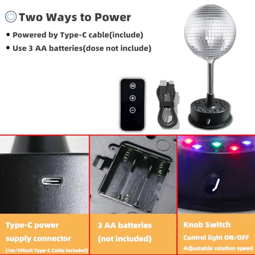 Image of Remote Control 6 Inch Rotating Mirrors Disco Ball Light with 5RPM-9RPM Adjustable Rotary Motor 24 RGB LED Mood Lights Great for Home Party Dance Holiday Christmas Decoration（USB /Battery Powered）