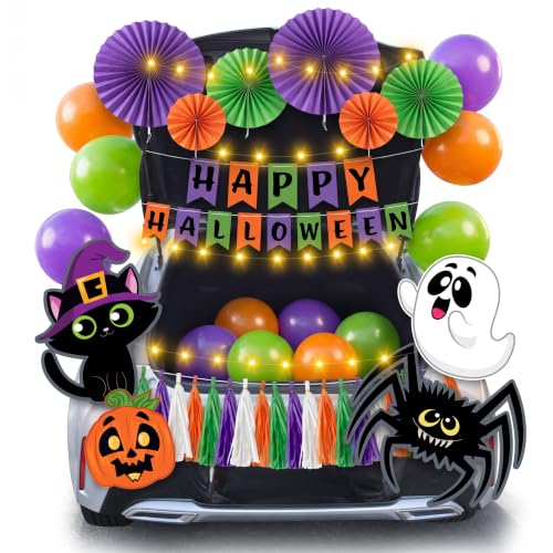Image of JOYIN Halloween Trunk or Treat Car Decorations Kit with Happy Themed Design, Garage Archway Decor with Banner, Paper Fans, Balloons, Tassel and Pumpkin Stickers