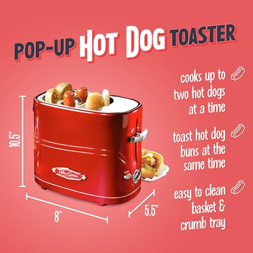 Nostalgia 2 Slot Hot Dog and Bun Toaster with Mini Tongs, Retro Toaster, Cooker that Works Chicken, Turkey, Veggie Links, Sausages Brats, Metallic Red image 3