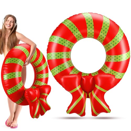 JellyArch 1 Pack Christmas in July Pool Floats Wreath Inflatable Pool Floats Swim Tube Rings Toys for Summer Vacation Lake Swimming Beach Party Decorations Supplies (31.5 Inches)