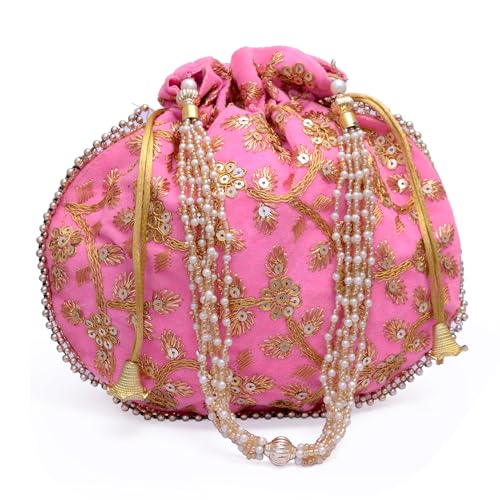 KIYAY Pochette da donna in velluto ricamato Potli Bag Bag Confezione da 1 borsa con coulisse pochette filo dorato perle e perline, Rosa confetto, Medium KIYAY Pochette da donna in velluto ricamato Potli Bag Bag Confezione da 1 borsa con coulisse pochette filo dorato perle e perline, Rosa confetto, Medium